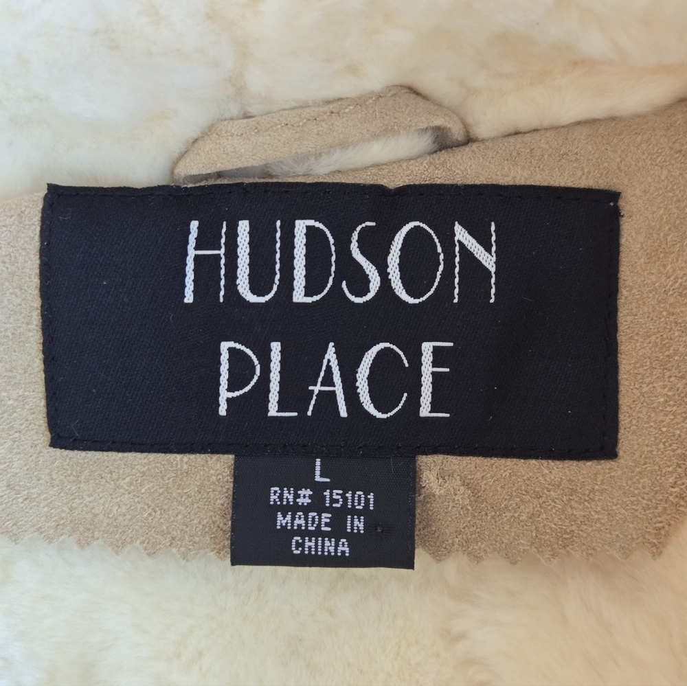 Hudson Place Genuine Suede Leather Hooded Shearling Jacket Tan Large - Picture 8 of 9